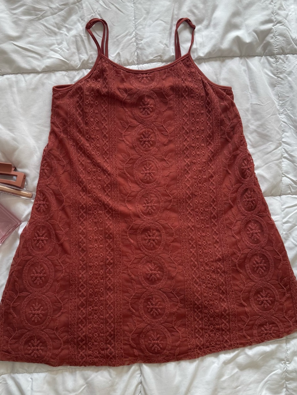 Garage Rust-Toned Lace Mini Dress